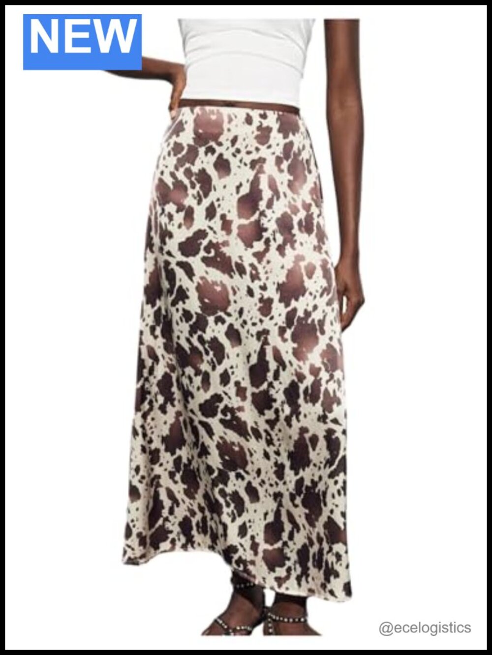 Satin Cow Print Maxi Skirt Long Flared Y2K Animal Print